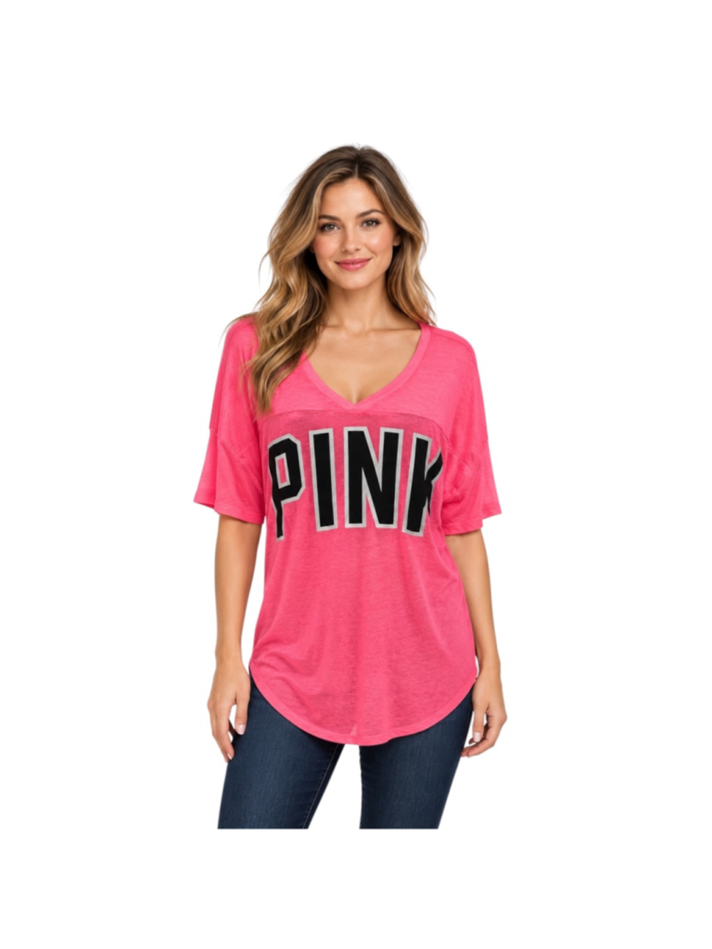 Victoria’s Secret PINK Hot Pink Oversized V-Neck Graphic Tee Size S